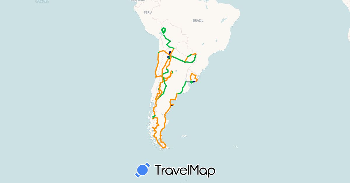 TravelMap itinerary: driving, bus, plane, hiking, hitchhiking in Argentina, Bolivia, Brazil, Chile, Paraguay, Uruguay (South America)